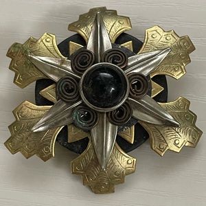 Vintage Brass Silver Toned Flower Snowflake  Brooch Pin Onyx Center